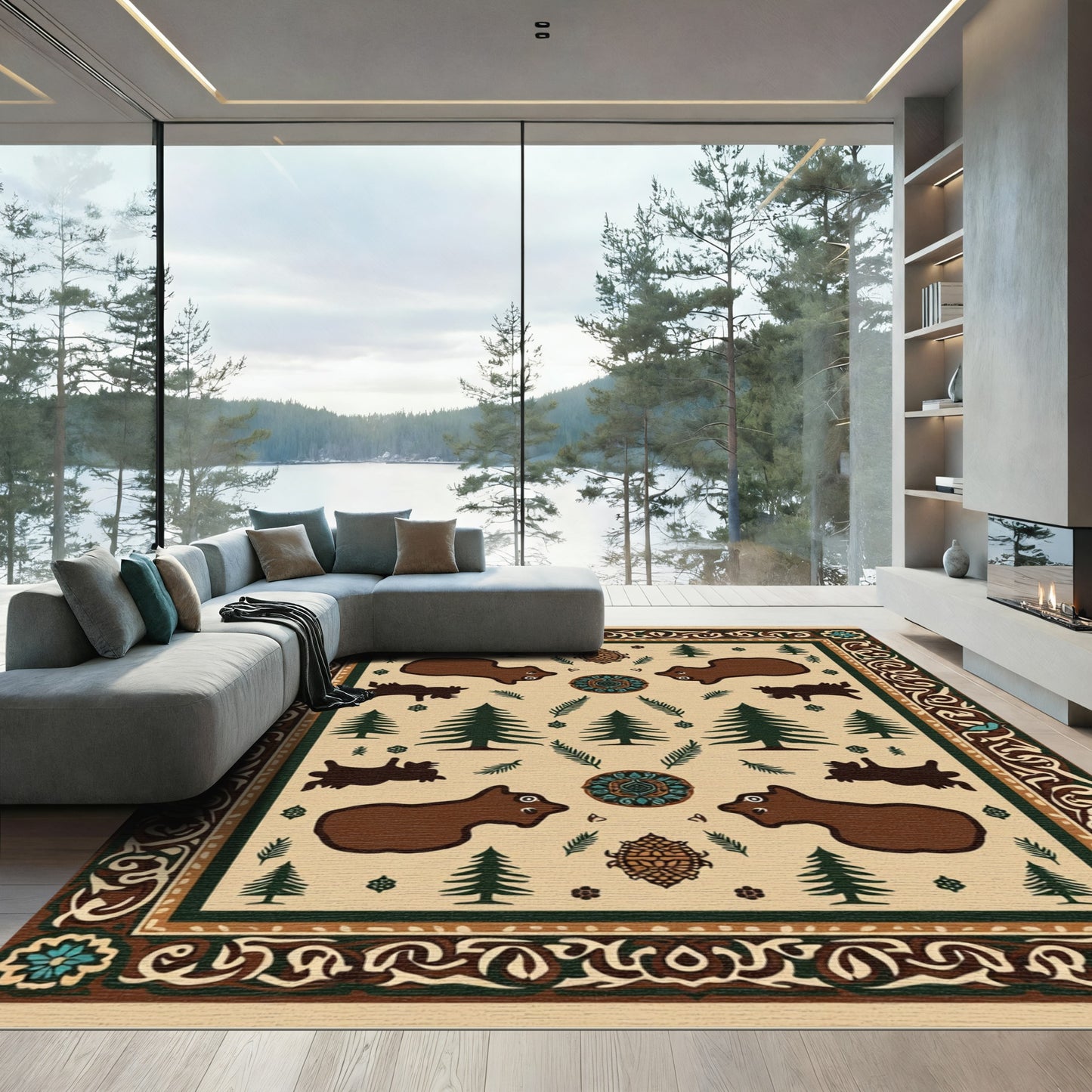 Brown Bear Forest Scene Medallion Rug