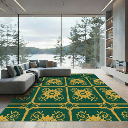 Emerald Gold Damask Floral Medallion Rug