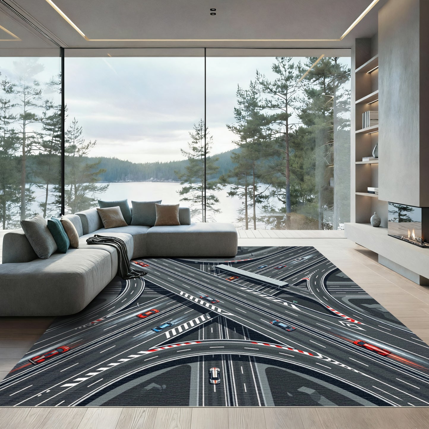 Modern Gray Highway Intersection Road Map Rug
