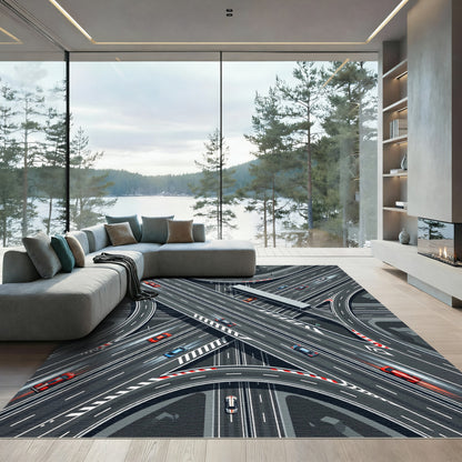 Modern Gray Highway Intersection Road Map Rug