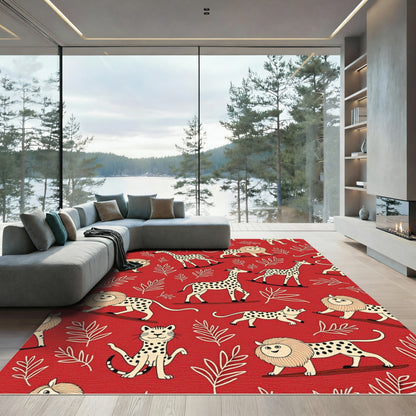 Whimsical Red Jungle Safari Animals Rug