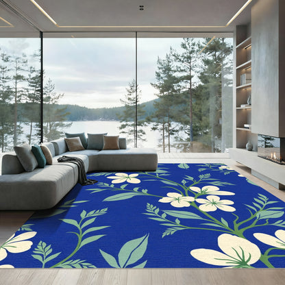 White Blossom Branches On Royal Blue Rug