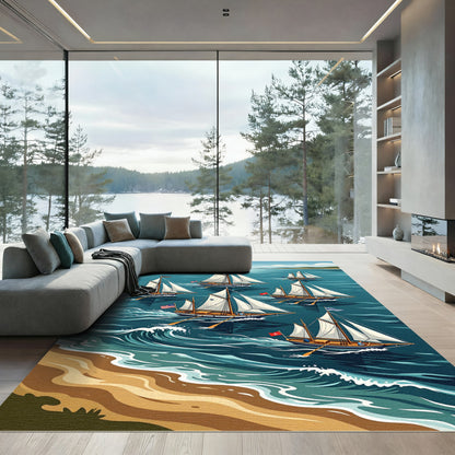 Nautical Sailboat Fleet Coastal Scene Rug