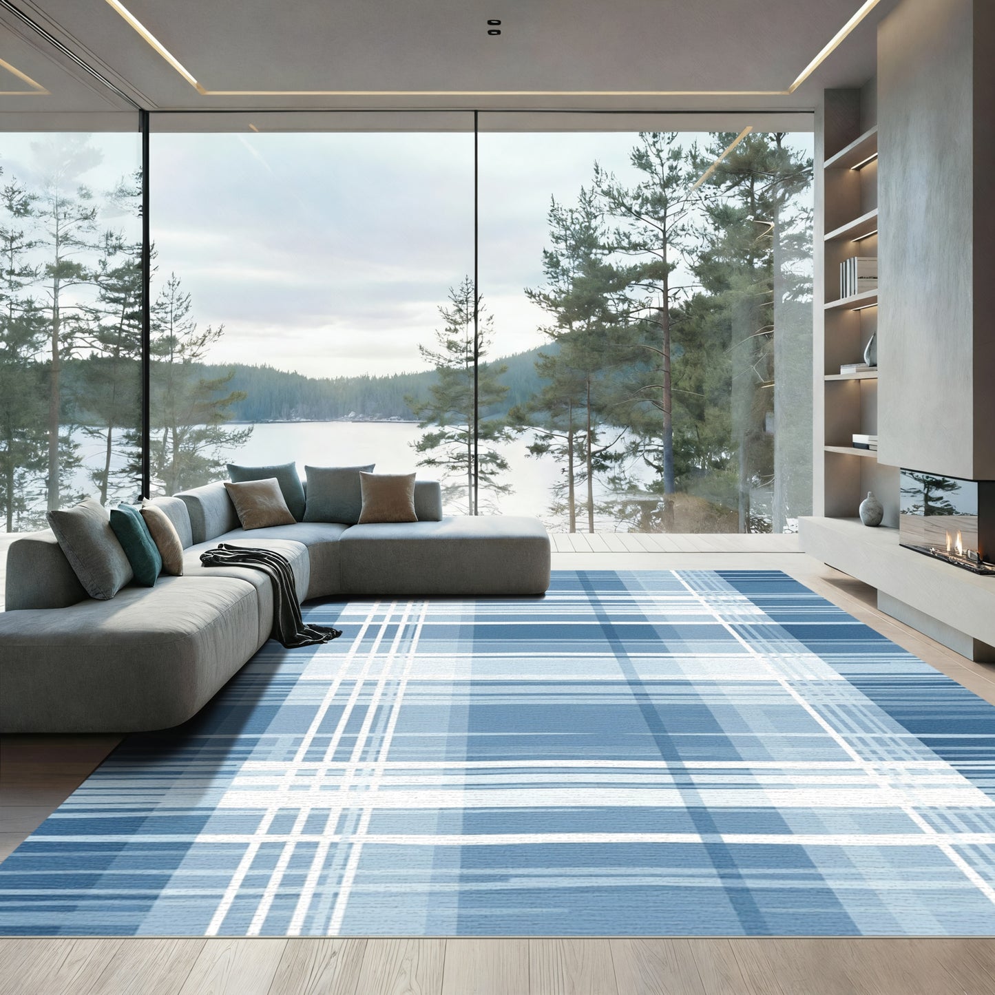 Modern Blue White Plaid Lines Rug