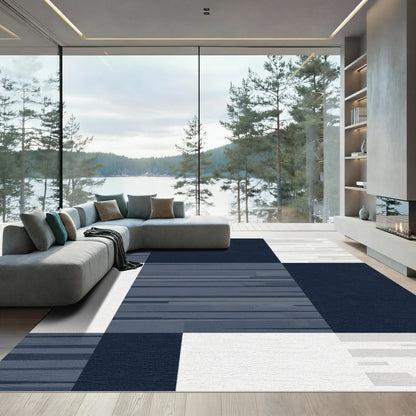 Deep Blue Horizontal Lined Blocks Rug