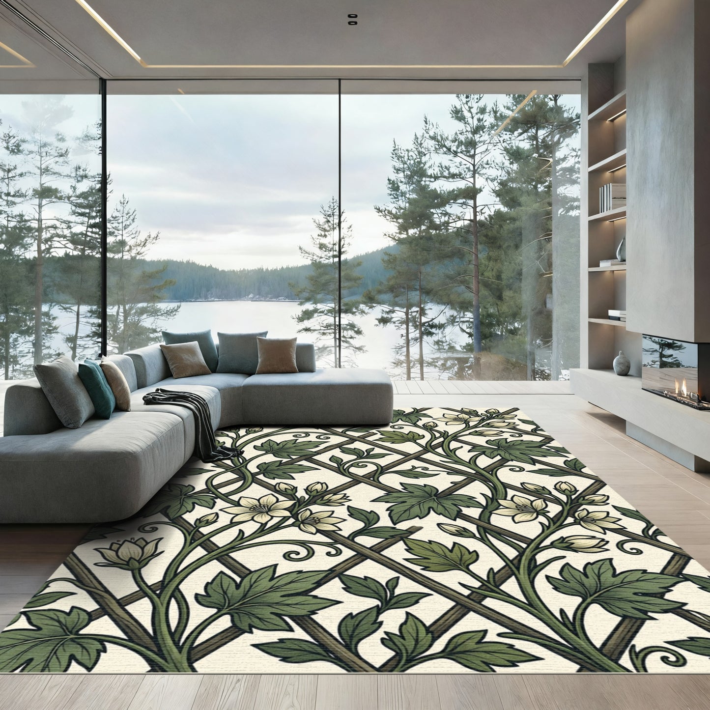 Green Ivy Trellis Botanical Cream Rug