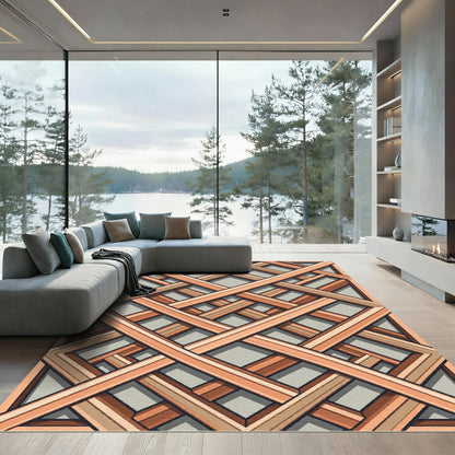 Geometric Ochre Wood Lattice Grid Rug