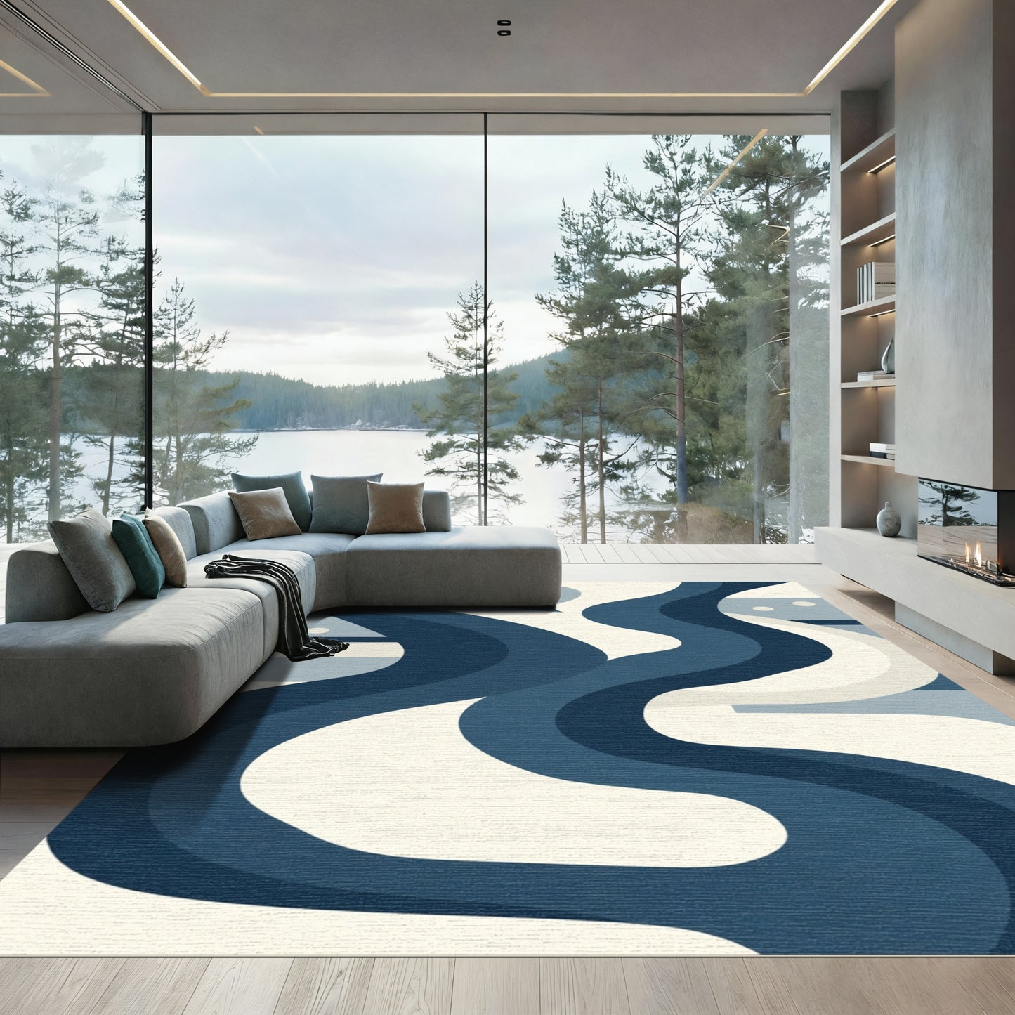 Navy White Abstract Swirl Rug