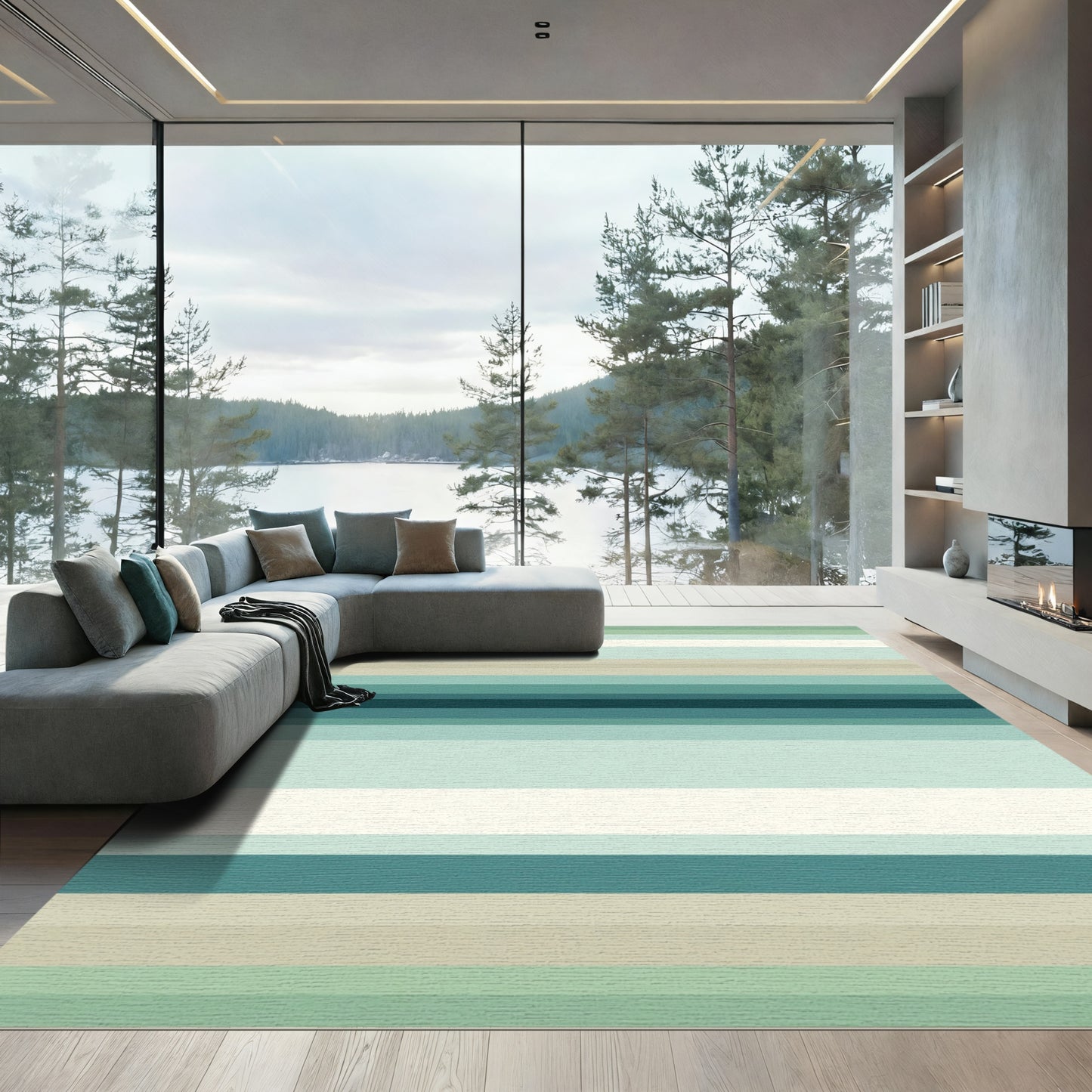 Serene Green Blue Horizontal Stripe Layer Rug
