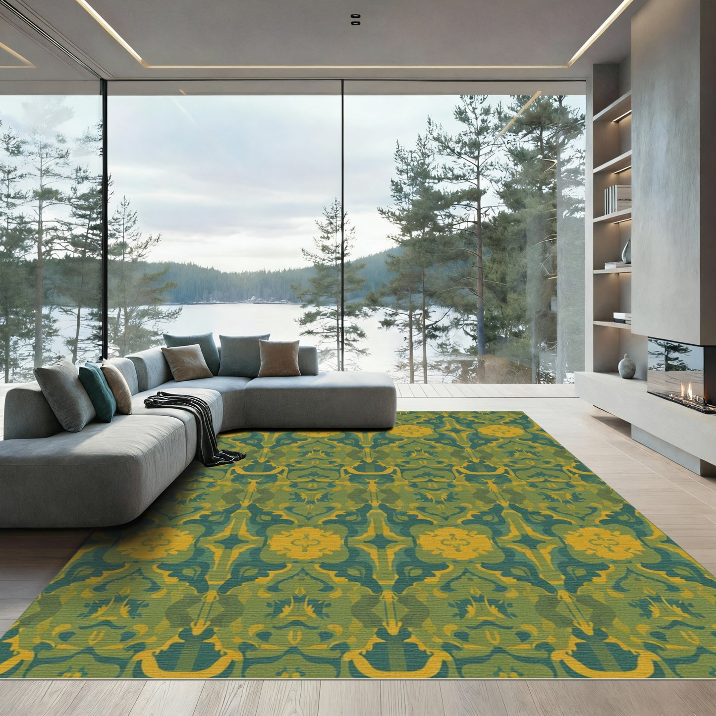 Ornate Teal Yellow Damask Swirls Rug