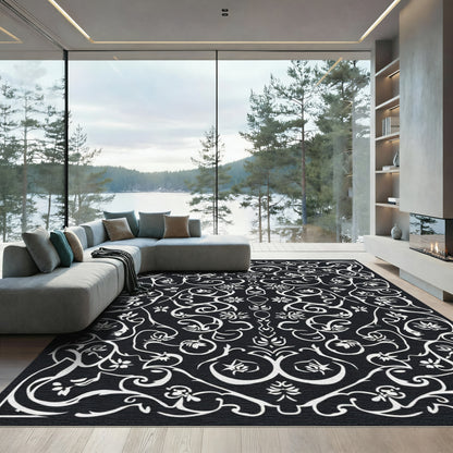 Black White Floral Swirl Damask Rug