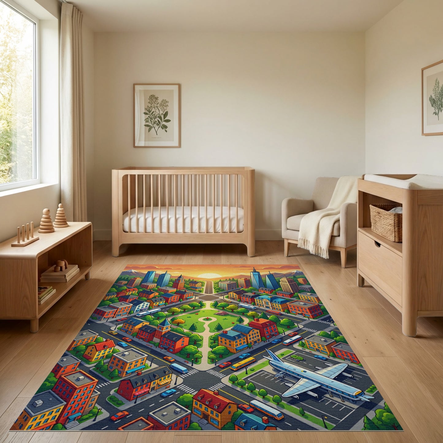 Vibrant Sunset Cityscape Warm Tones Rug