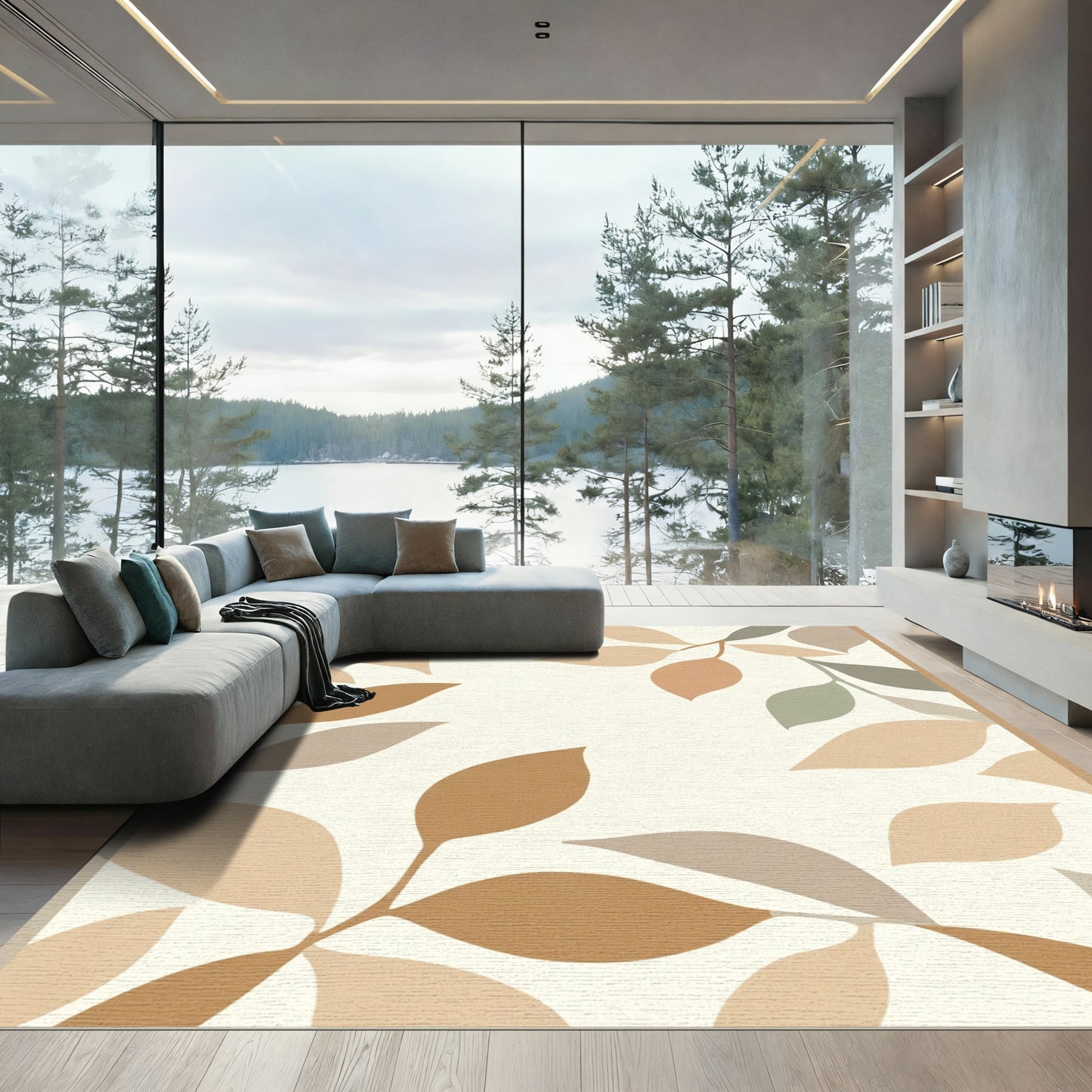 Earthy Tone Abstract Leaf Branches Rug