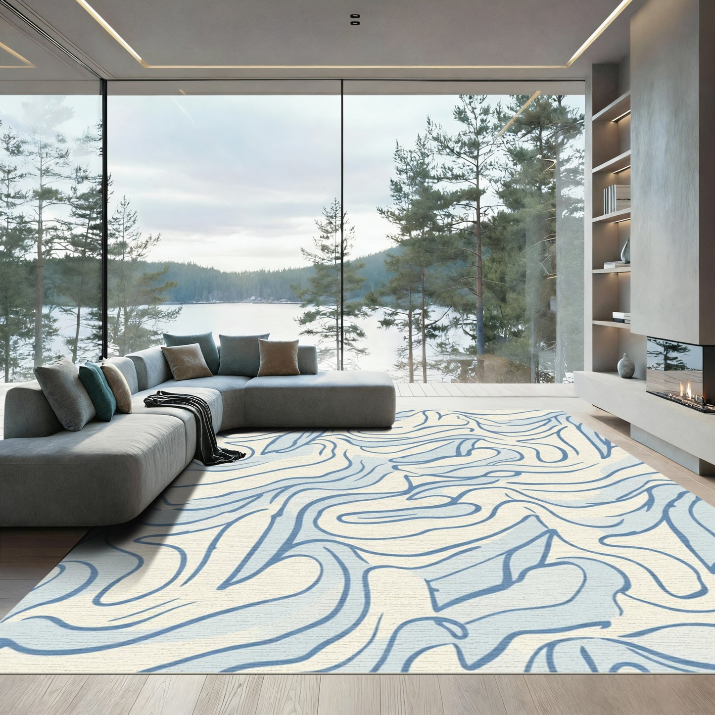 Abstract Blue Wavy Organic Flow Rug