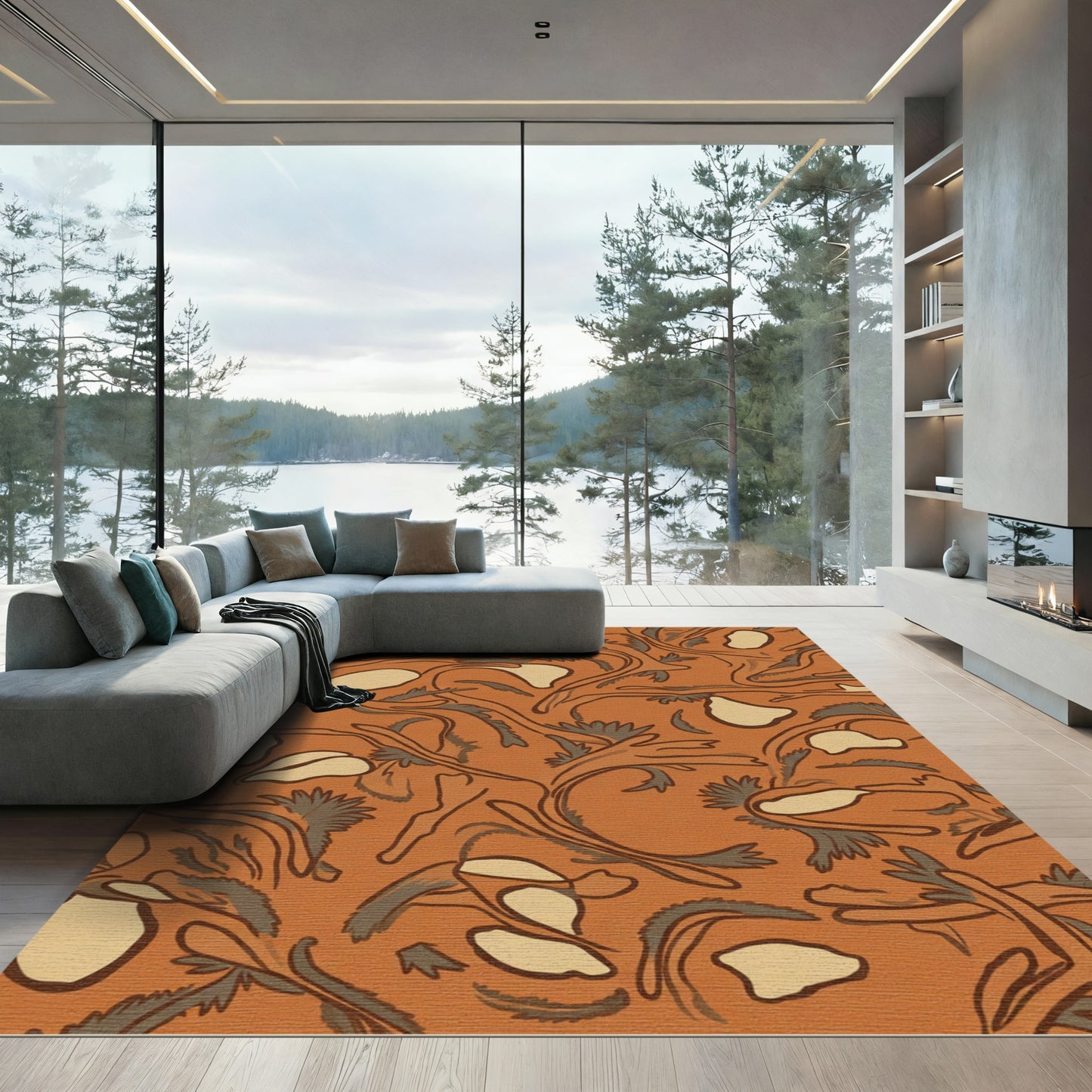 Orange Swirling Floral Vines Rug
