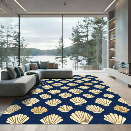 Golden Scallop Shell Pattern Navy Rug