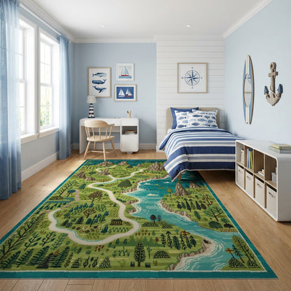 Whimsical Teal Mountain River Forest Path Rug
