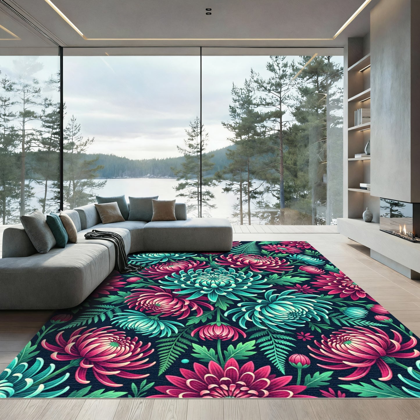 Vibrant Teal and Magenta Chrysanthemum Floral Bouquet Rug