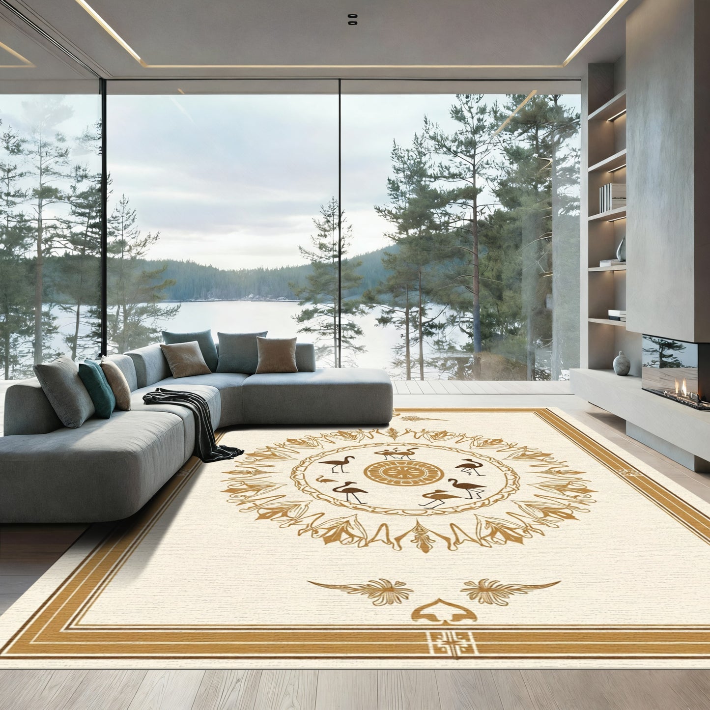 Golden Crane Mandala Art Rug