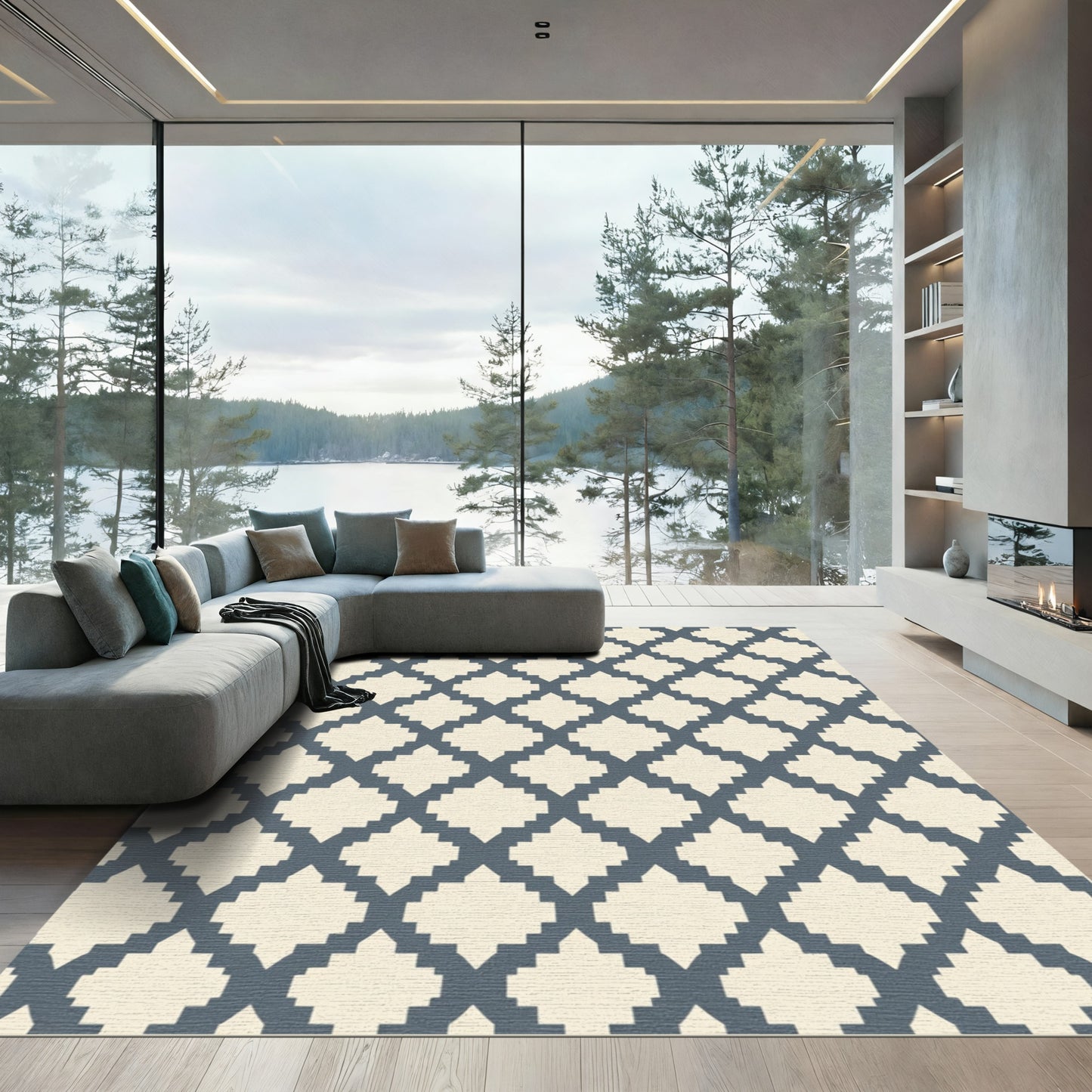 Modern Slate Gray Quatrefoil Lattice Rug