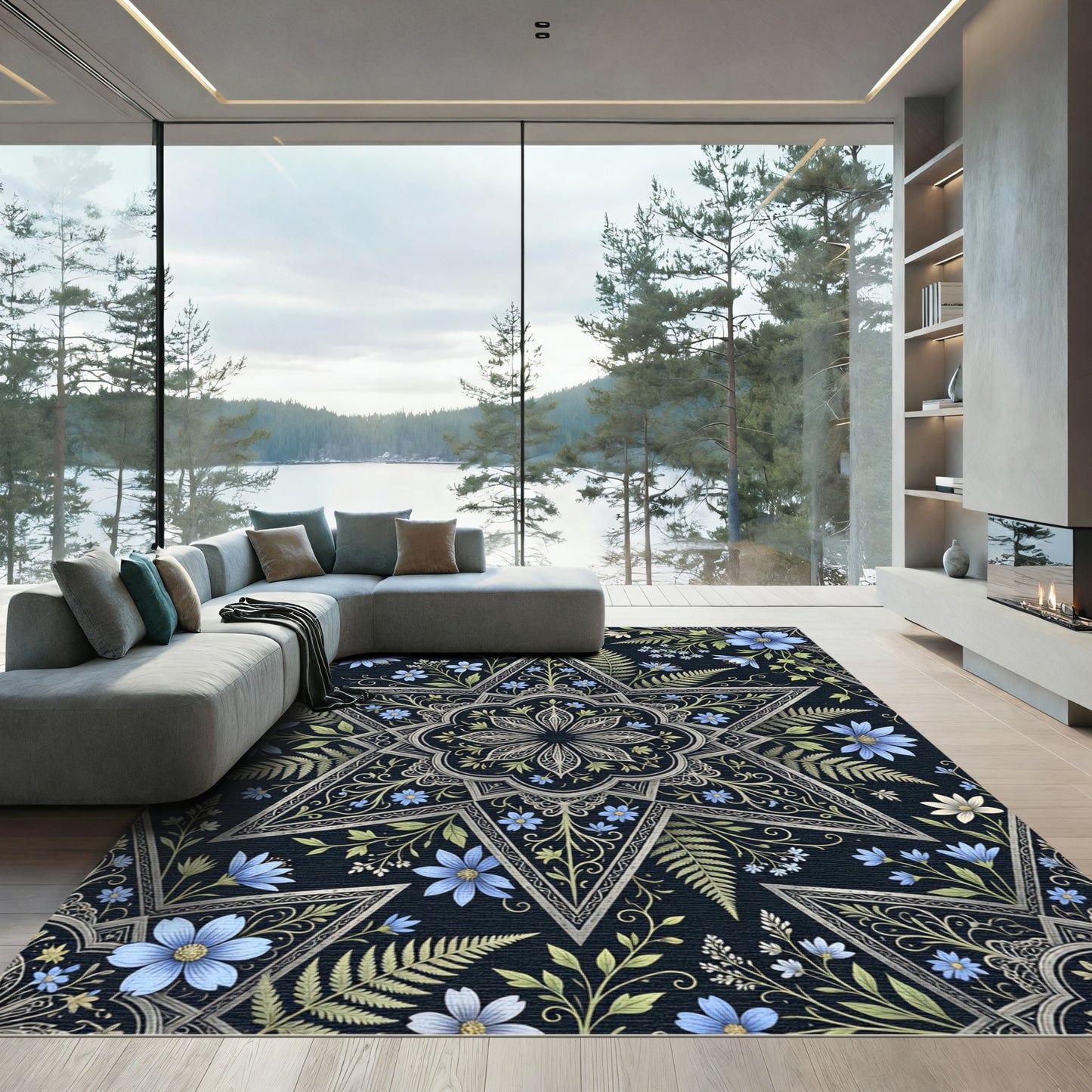 Midnight Blue Celestial Floral Star Rug