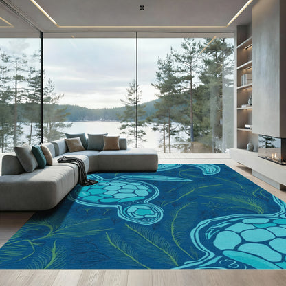 Oceanic Teal Sea Turtle Foliage Rug