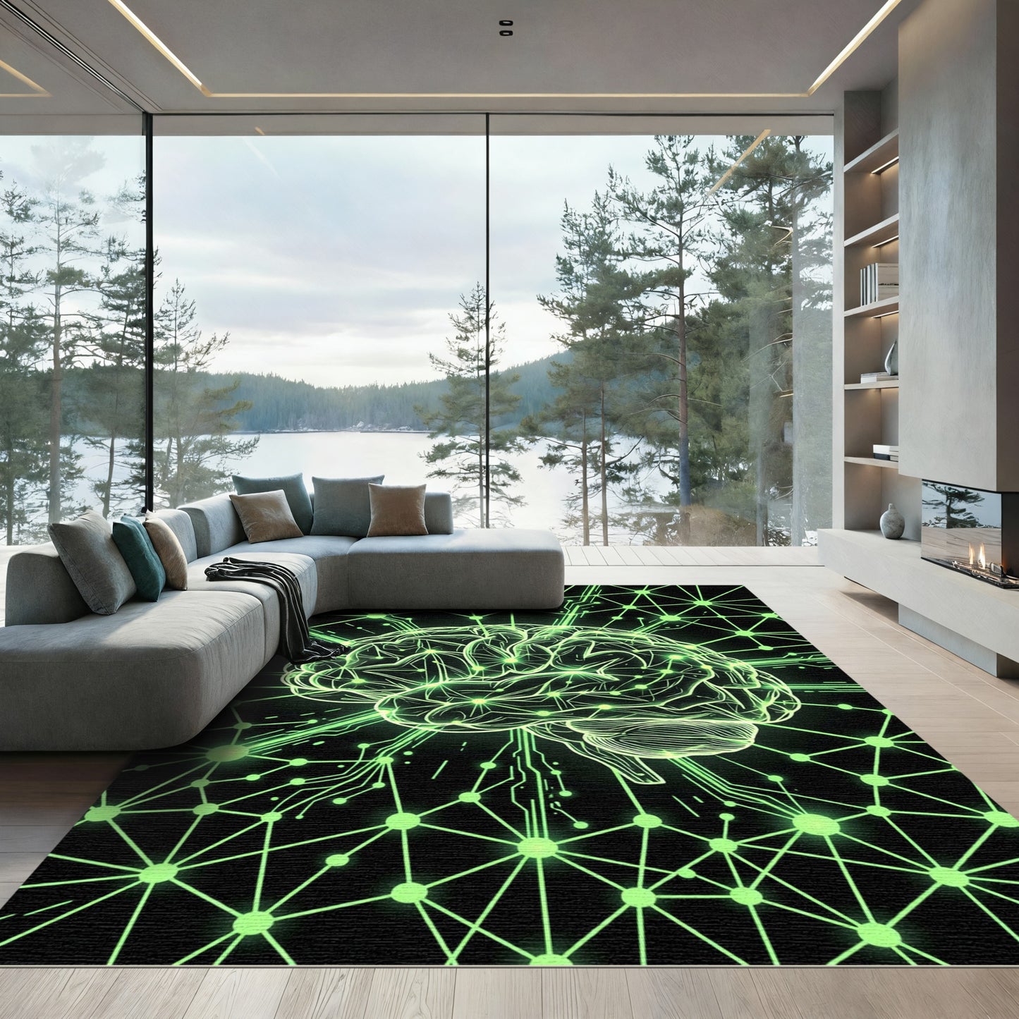 Neon Cybernetic Brain Neural Network Rug