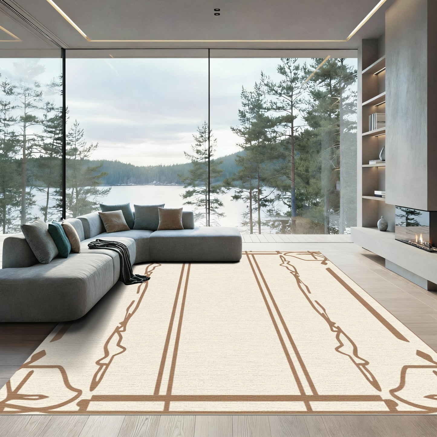 Cream Beige Art Deco Borders Rug