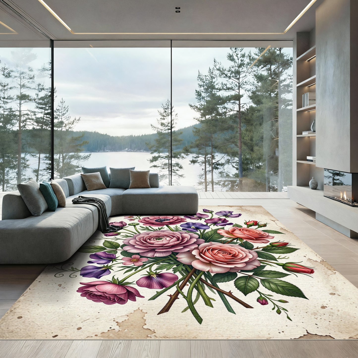 Romantic Pink Rose Floral Bouquet Rug