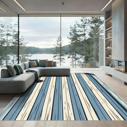 Modern Blue and Cream Vertical Stripe Rug