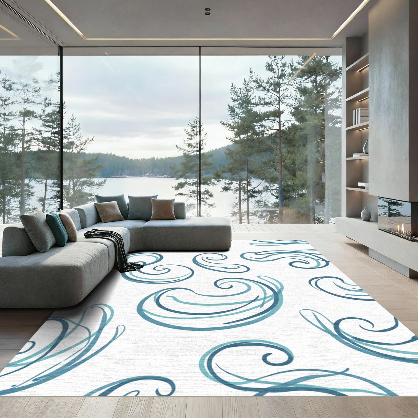 Azure Swirl Abstract Lines Rug