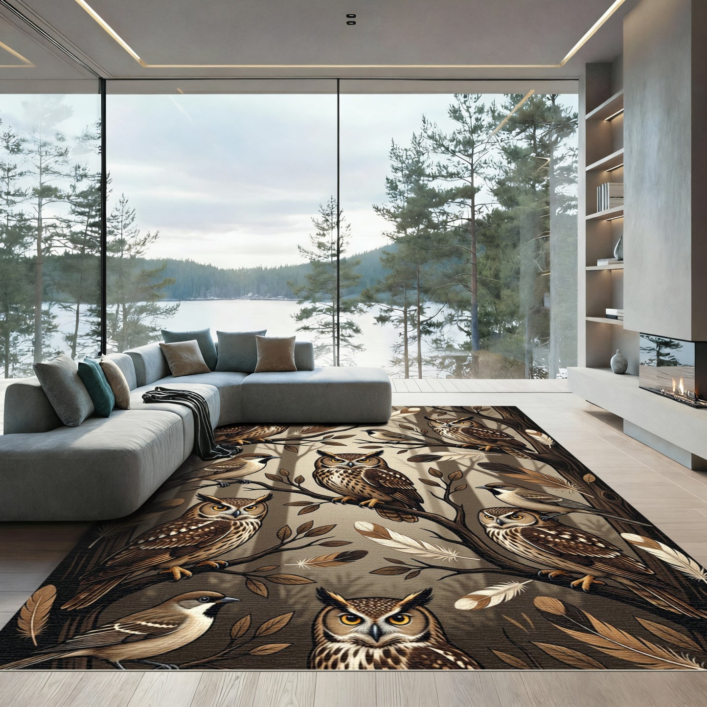 Earthy Forest Owl and Feather Illustration Rug