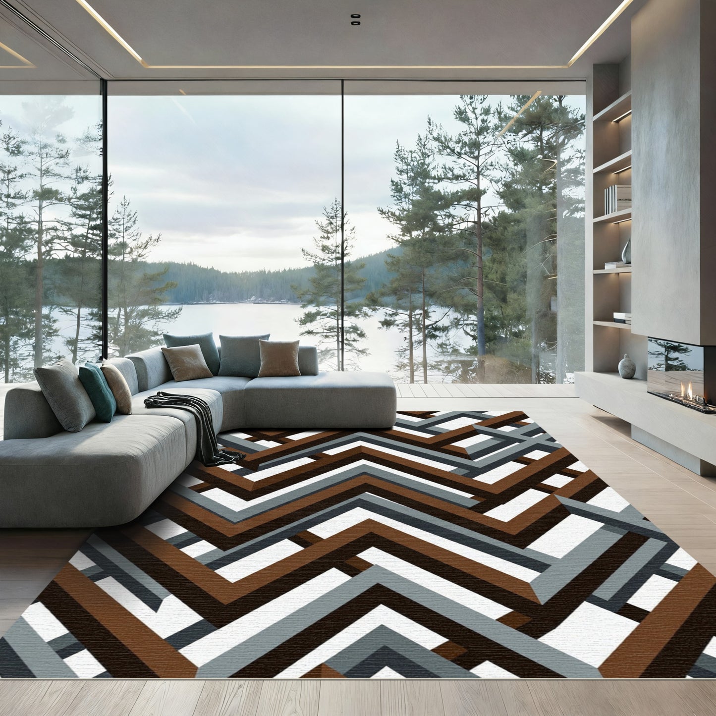 Modern Brown and Gray Geometric Zigzag Rug