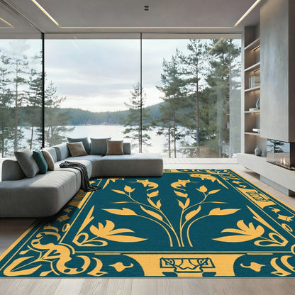 Golden Art Nouveau Cats Floral Border Rug