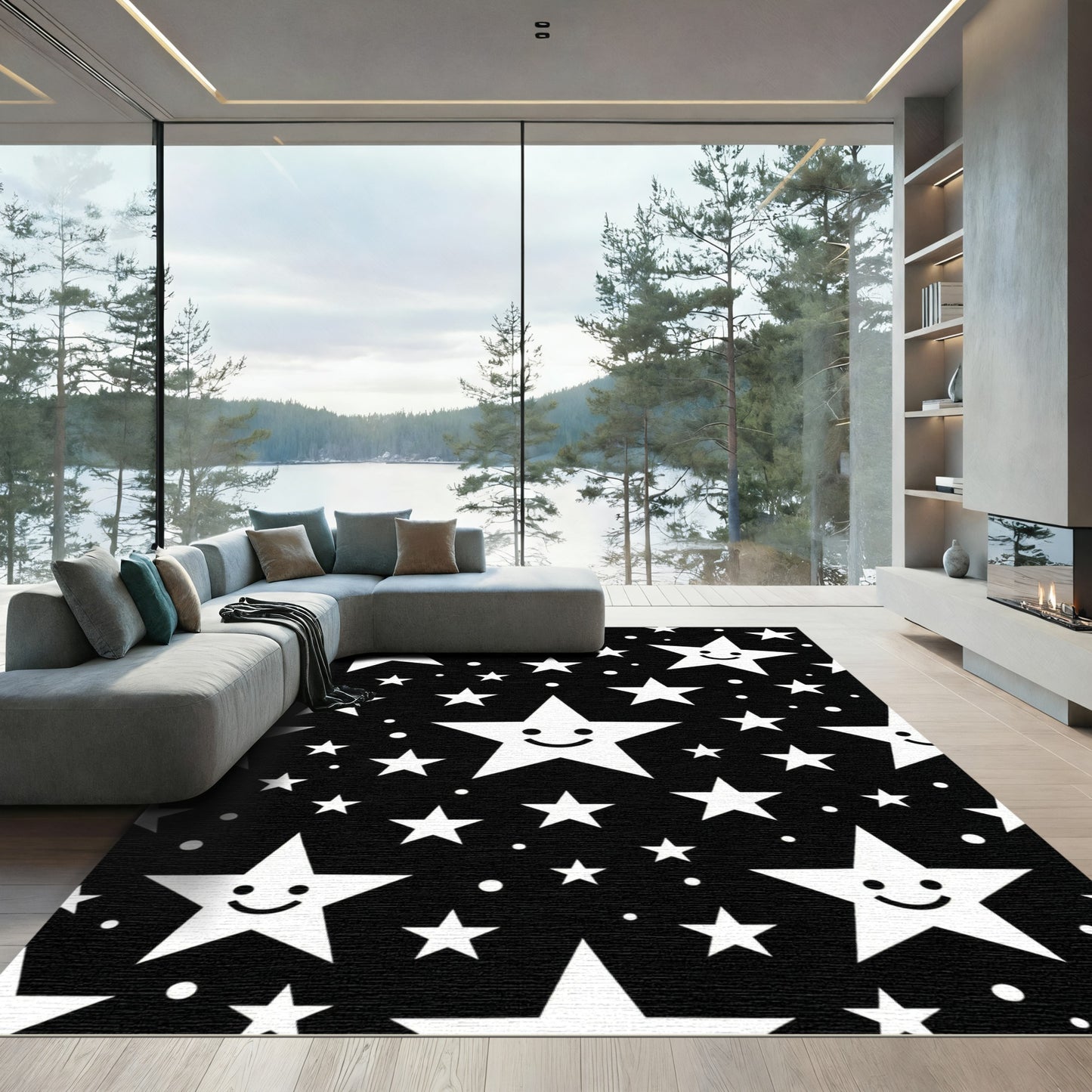 Cheerful White Stars Black Background Rug