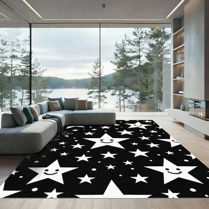 Cheerful White Stars Black Background Rug