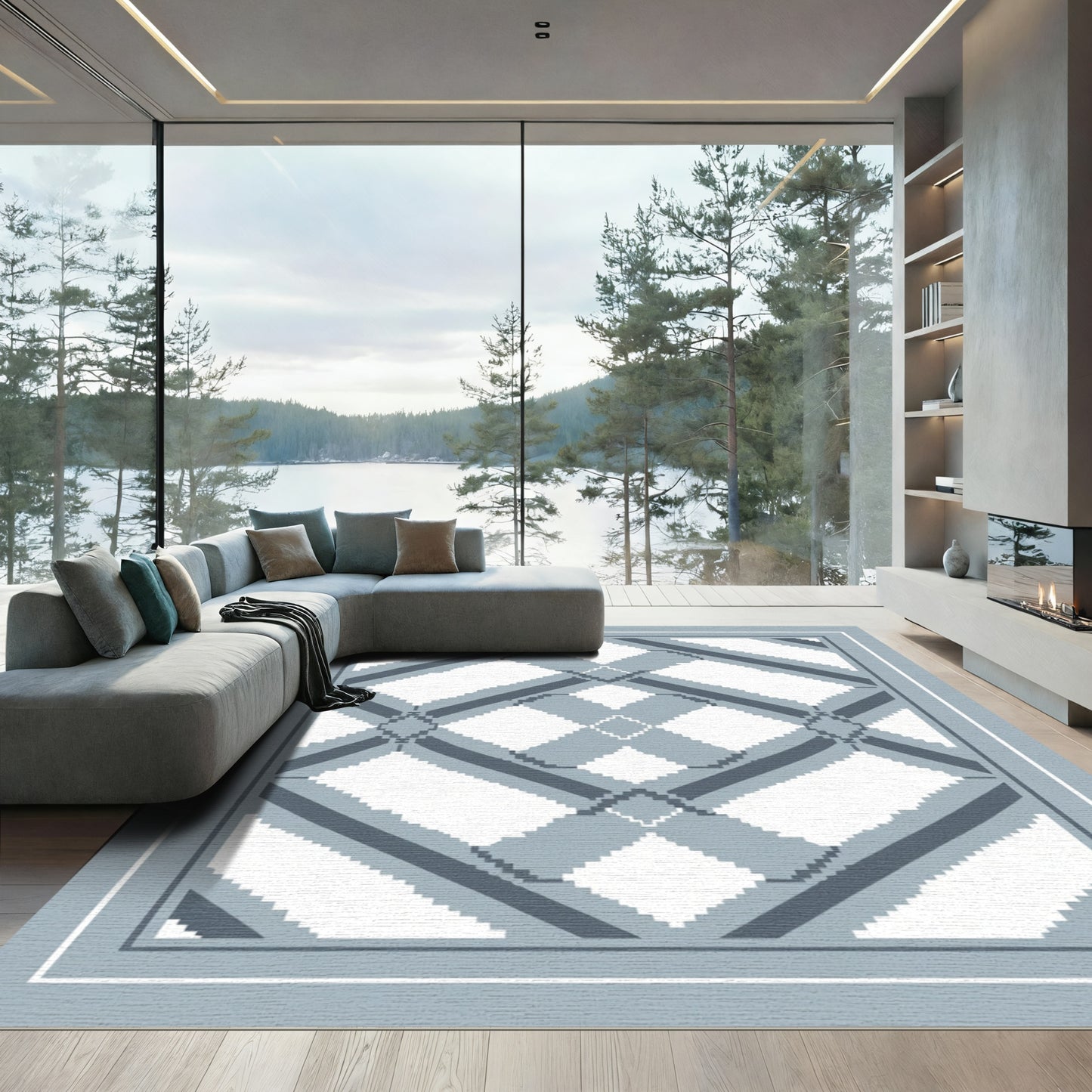 Gray Geometric Diamond Lattice Overlay Rug
