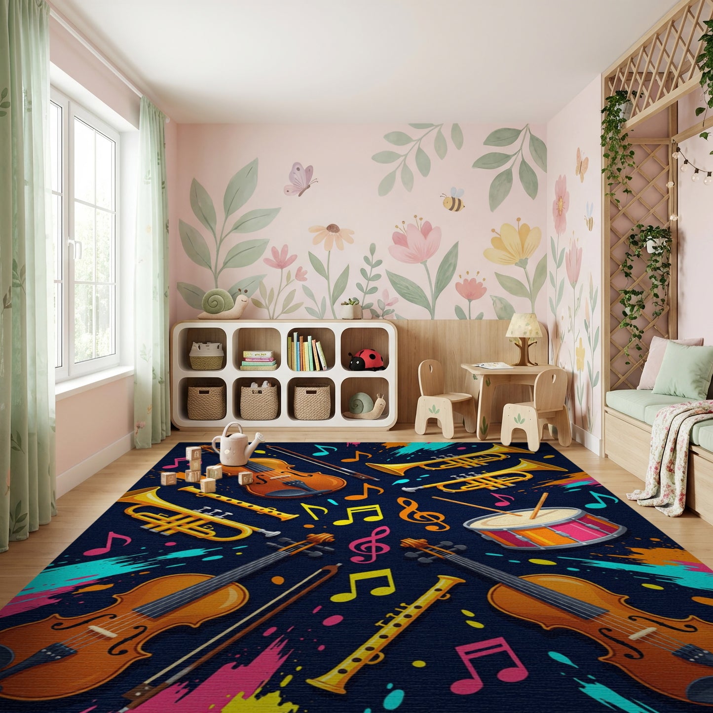 Vibrant Musical Instruments Splatter Notes Rug