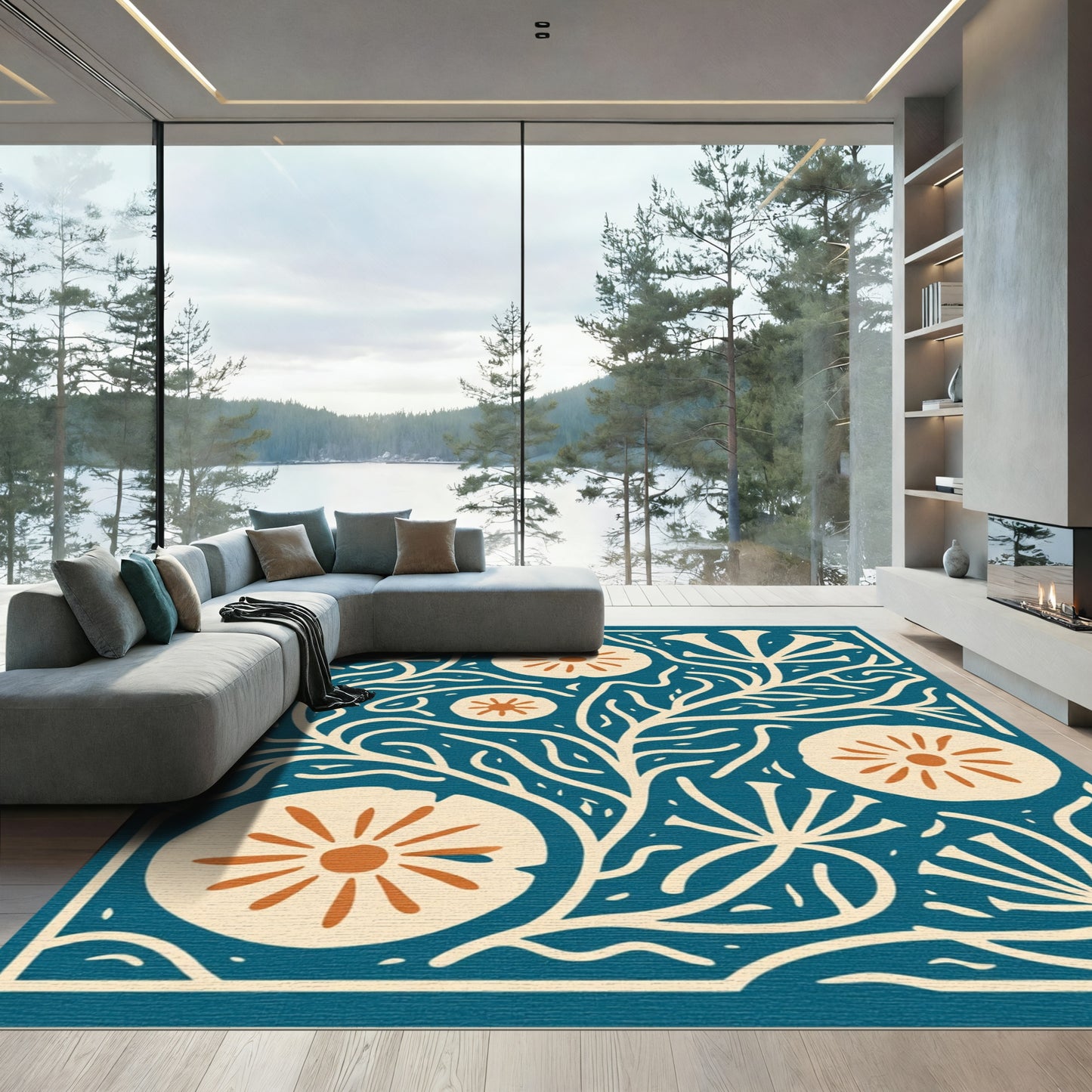 Teal Cream Floral Vine Arrangement Rug