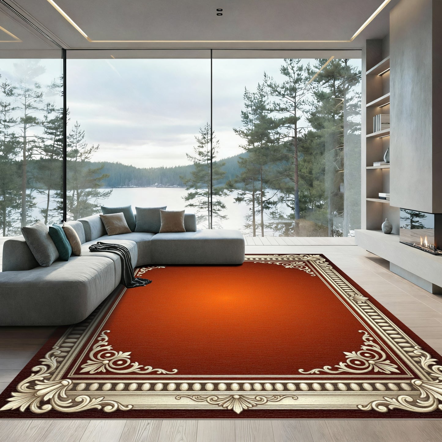 Ornate Gold Scrolling Border Rug