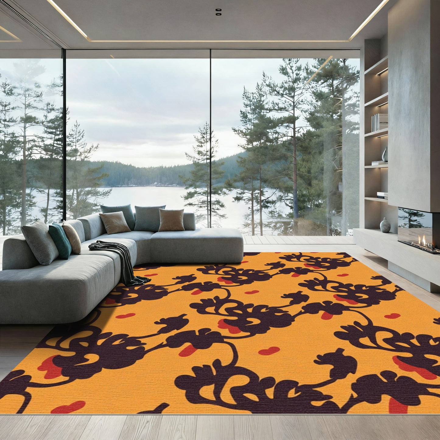 Dark Floral Vine Orange Accent Rug