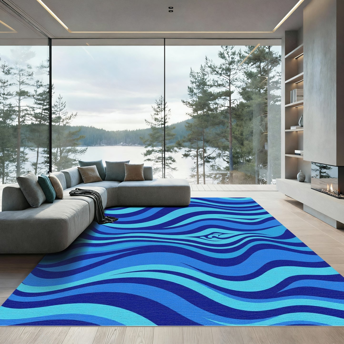 Deep Blue Wave Swirl Abstract Rug