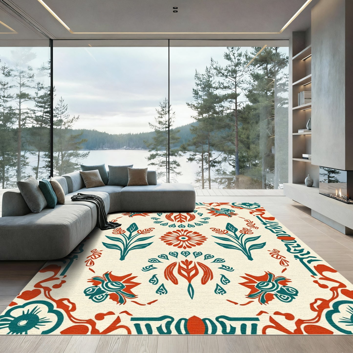 Retro Teal Red Floral Medallion Rug