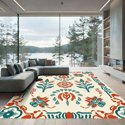 Retro Teal Red Floral Medallion Rug
