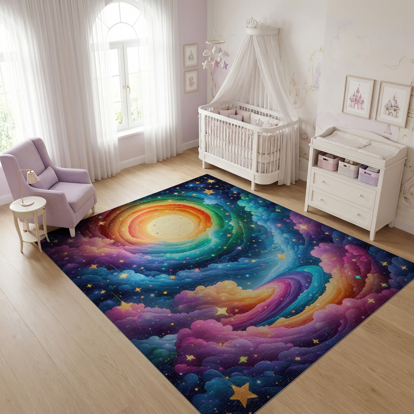Dreamy Rainbow Swirl Clouds Stars Rug