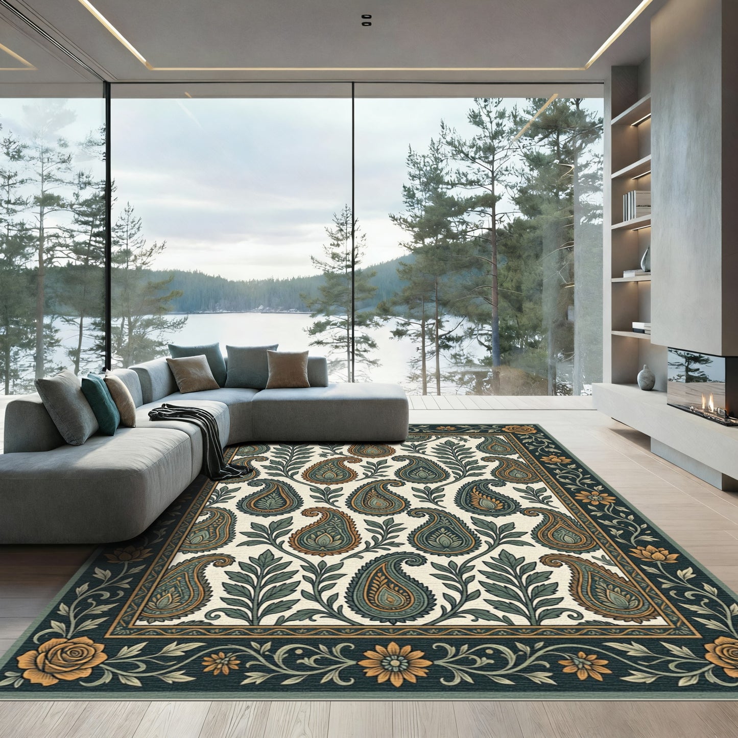 Emerald Teal Paisley Floral Border Rug