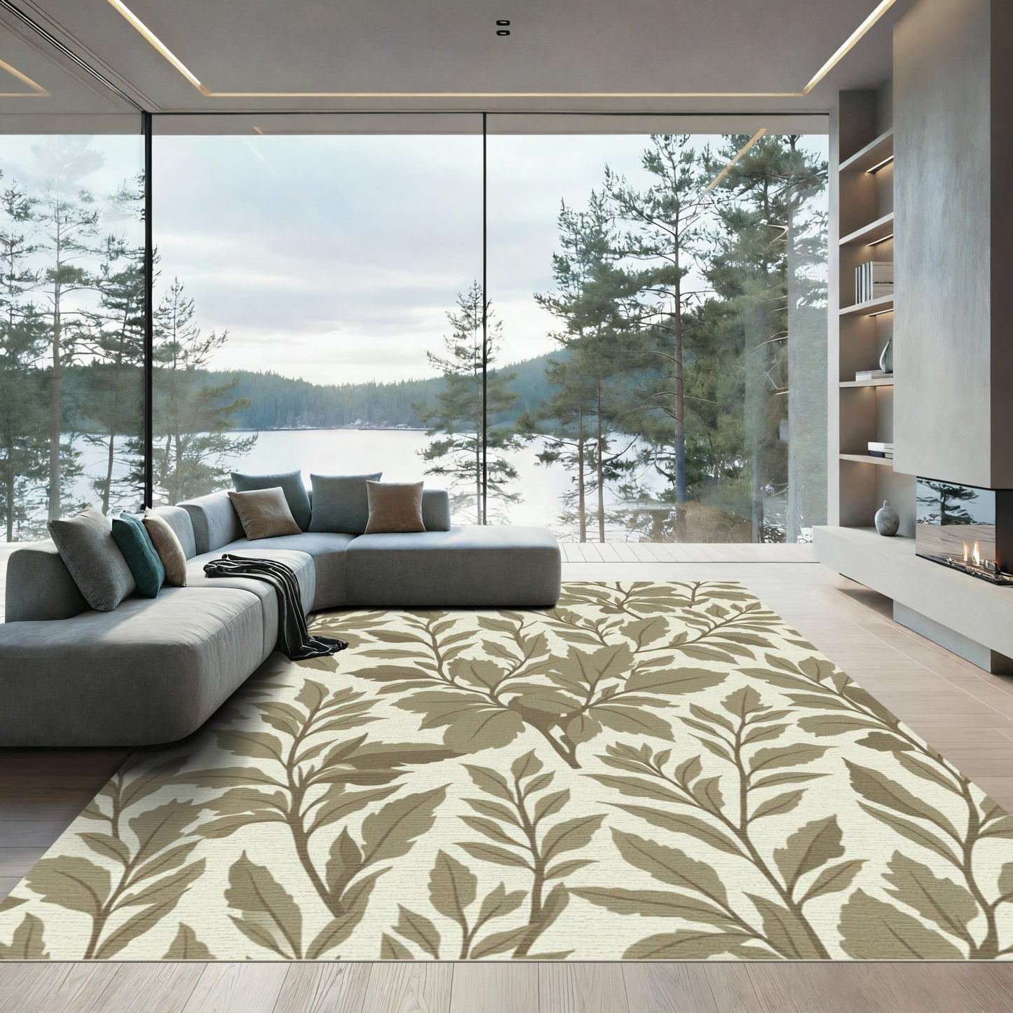 Taupe Tan Branches Leafy Pattern Rug