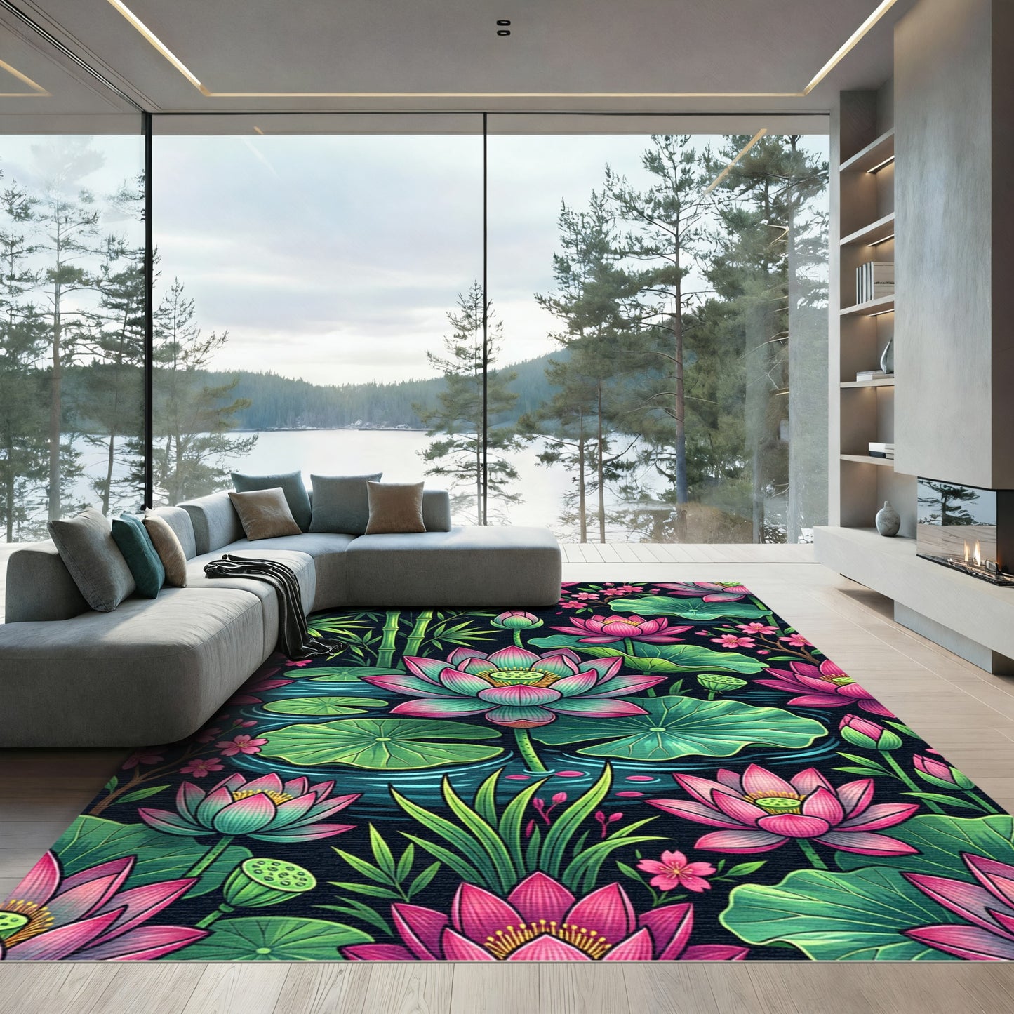 Vibrant Pink Lotus Bamboo Floral Pond Rug