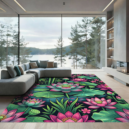 Vibrant Pink Lotus Bamboo Floral Pond Rug