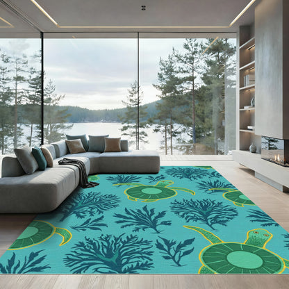 Teal Ocean Turtles Seaweed Collection Rug